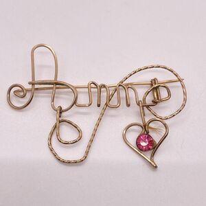 Gold Tone Wire Name Anne Heart Pink Rhinestone Brooch Pin Cursive Twist Swirl 2”